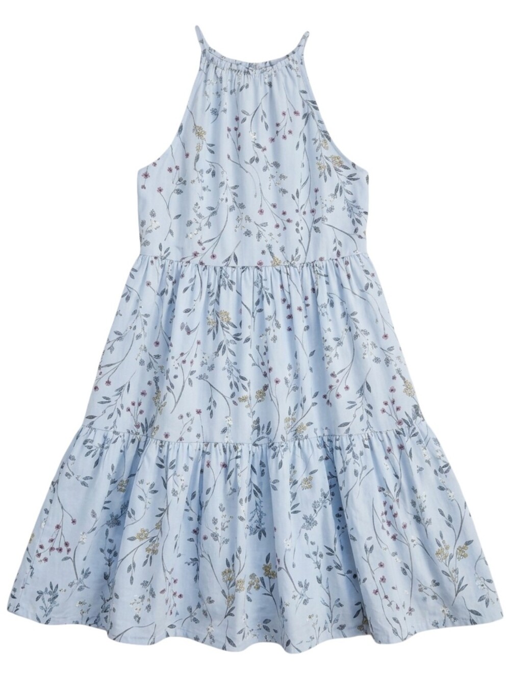 A NEW DAY Blue Floral Halter Tiered Dress S Mini Small Cotton Sun Sundress